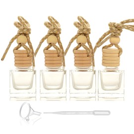 4Pcs/Pack,10ml Car Hanging Perfume Air Freshener Diffuser,Refillable Essential Oil Pendant Perfume Vials,Thick Square Clear Glass Container With Wooden Caps & Hanging String,FREE Funnel,Dropper