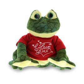 DolliBu I Love You Valentine Plush Squat Frog - Cute Soft Cuddly Stuffed Animal with Red Heart Gift for Valentines Day, Birthday Present, Anniversary, Romantic Date - 10.5 Inches