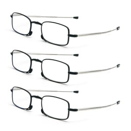 3 Pack Folding Reading Glasses with Keychain Compact Bags Women Men Blue Light Blocking Spring Hinge Portable Pocket Readers,Black 0.0
