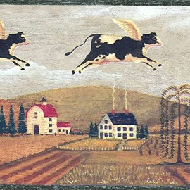 CONCORD WALLCOVERINGS ™ Wallpaper Border Country Pattern Village Fields Houses Flying Cows for Living Room Cottage, Green Brown Black Yellow Beige, 8 Inches by 15 Feet GG54111B