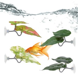 Qulkws 4 Piece Plastic Betta Fish Tank Accessories Betta Leaf Hammock Small Fish Tank Decor Spawning Grounds Breeding Resting Bed with Suction Cup(4.3x1.9 inch)