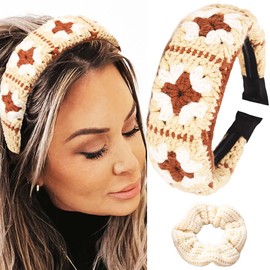 Sinalty Knit Boho Headbands Printed Wide Hairbands with White Hair Scrunchy Handmade Head Bands for Women (Boho)