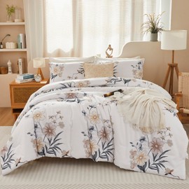 SUCSES Off White King Size Comforter Set 3 Pieces Floral Farmhouse Bedding Set Flower Printed Fluffy Bed Set for Bedroom Decoration (Off White, King)