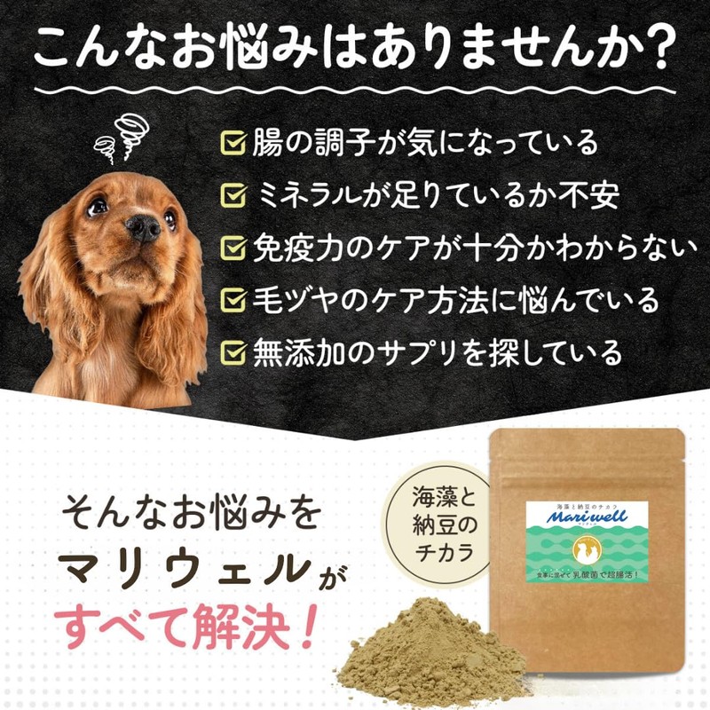 ワンちゃんの腸活＆免疫ケア！マリウェル【海藻・納豆・乳酸菌・ビール酵母配合】正規品｜皮膚・毛並み・高齢犬サポート【犬用サプリ】Mariwell 腸内フローラを整え便秘にも アスコフィラムノドサム