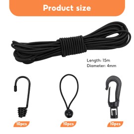 Elastic Cord, 15M Bungee Rope, Elastic String Bungee Cord, Thick Shock Cord, Black Bungee Cords with Hooks and Spring Cord Lock for Backpack Tent Poles DIY Craft Projects Camping(4mm x 15M, Black)