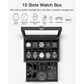 Vlando Watch Box for 10 slot, Lockable Watch Case with Textured Leather, 2 Layer Watch Holder for Rings, Bracelets, Glasses, Glass Lid, Removable Divider, Gift for Fathers, Husband, Friend, Black