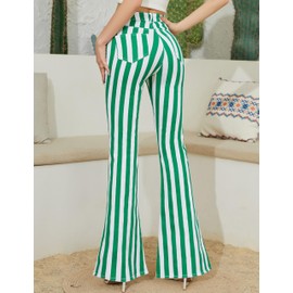 Yuanbang Irish Gifts for Women Striped Flare Jeans High Waisted Bell Bottom Stretch Denim Bootcut Pants(Green White Striped,6)