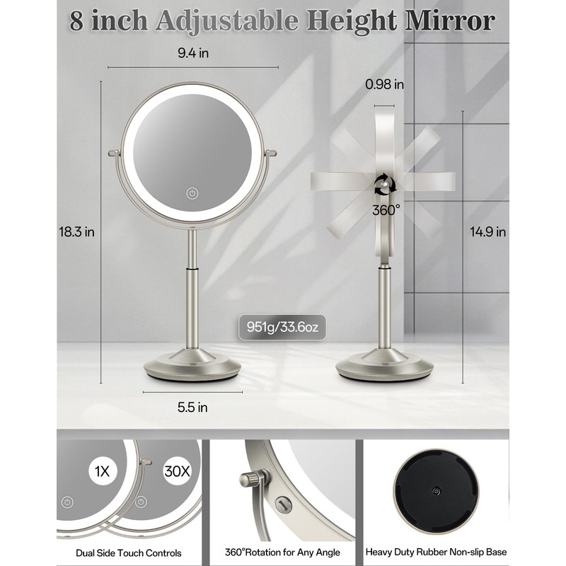 vpu Makeup Mirror with Lights, 1X/30X Lighted Magnifying Mirror Height
