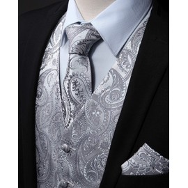 Enlision Men's Paisley Floral Jacquard Vest & Tie and Pocket Square Vest Suit Set, gray