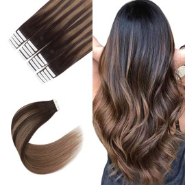 Sixstarhair Silky Straight Beautiful Balayage Color New Trend Tape in Hair Extensions Dark Brown Fading to Chestnut Brown Remy Human Hair Ombre and Piano Colors [Color B2-6 20inch]
