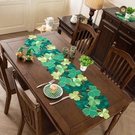 Joyfol Day St. Patrick’s Day Table Runner, Embroidered Irish Clover Dresser Scarf, Spring Green Shamrock Table Runners for Home Kitchen Dining Party Tabletop Decoration (14 x 59 Inch)