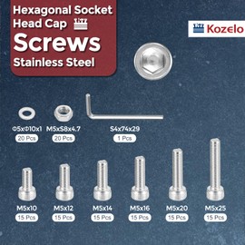 Kozelo 150pcs M5 Socket Head Cap Screws Bolts Nuts Assortment Kit - [M5x10/12/14/16/20/25mm] 304 Stainless Steel Allen Socket Drive for 3D Printer, with Wrench
