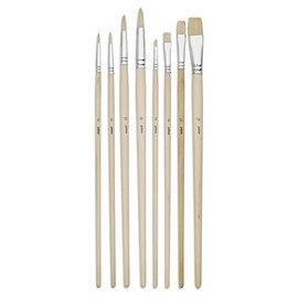 Pebeo White Pig Brush for Oil Painting, Flat and Round Brush Set of 8 (Flat 2/6/10/14, Round 0/4/6/14), FSC Certified, Long Shaft