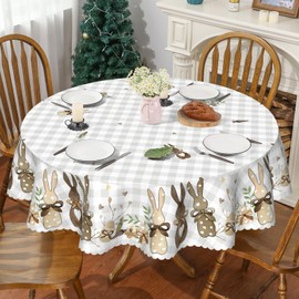 Easter Tablecloth 70 x 70 Inch Round, Bunny Decorations for Home Egg Table Cover Seasonal Spring Scallop Edge Table Cloth Table Decorations