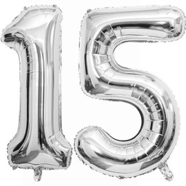 Silver 15 Number Balloons, 40 Inch Giant Number 15 Balloons Foil Mylar Helium Silver Number Balloons for 15th Birthday Party Supplies Anniversary Event Celebration Decorations