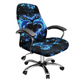 Cadowhimsy Office Chair Slipcover Removable Computer Chair Cover Blue Floral Dolphin Print Swivel Rotating Chair Protector Washable Stretchable Home Office Decor, Large