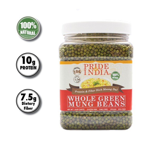 Pride Of India - Indian Whole Green Mung Gram - Protein & Fiber Rich Mung Bean Whole, 3.3 Pound (1.5 Kilo) Jar (3 Pound + 10% Extra Free = 3.3 Pounds Total)