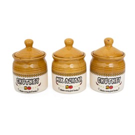 Set of 3 Ceramic Pickle & Chutney Jars With Lid - 10 Oz (300 ml) – Glazed Condiment Holder For Kitchen Counter, Food Storage Container for Spices, Sauces – Rustic Farmhouse Home Dining Table Decor