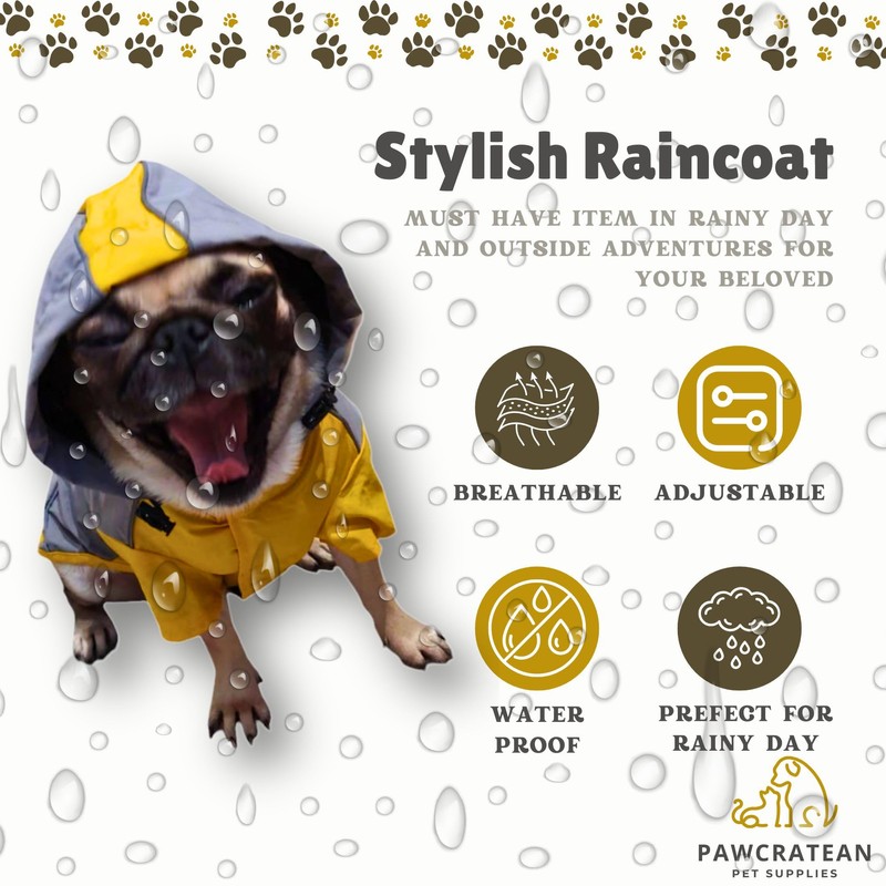 Pawcratean Dog Raincoat, Water Resistant, Adjustable, Cool Design (Yellow, Large)