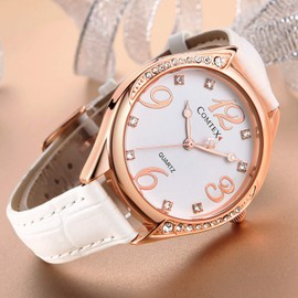 COMTEX Ladies Watch White Large Dial Face Crystal Diamante White Leather Strap Watch (Rose Gold)