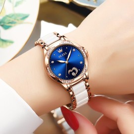 OLEVS Women's Watches with Automatic Winding Women's Watches in Rose Gold with Diamonds Luxury Dresses White Ceramic Wristwatches Women's Wristwatches, 6631 Blue