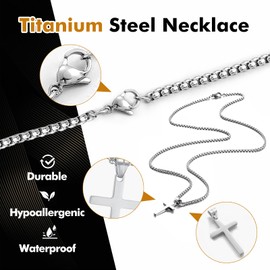 ESHIONER Cross Necklace for Men Boys Silver Titanium Stainless Steel Cross Chain Necklace Chain 18-24 Inch with Crucifix Pendant Bible Catholic Jesus Birthday Confirmation Jewellery Gifts for Men