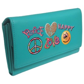 Klassek Love and Peace Womans Turquoise Purse Brand Image on Real Animal Leather Retro Hippie Accessory Gift