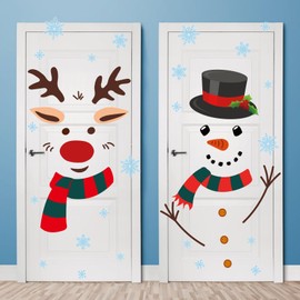 FINPAC 4 Sheets Christmas Door Stickers, Removable Door Decorations Christmas Wall Stickers Snowman Elk Snowflake Stickers for Room Wall Door Refrigerator Window