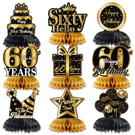 Qpout 9 Pieces 60th Birthday Honeycomb Centerpieces for Women Men, 60th Birthday Party Table Centerpieces Decorations, Black and Gold, Cheers to 60 Years Bday Table Toppers Decor