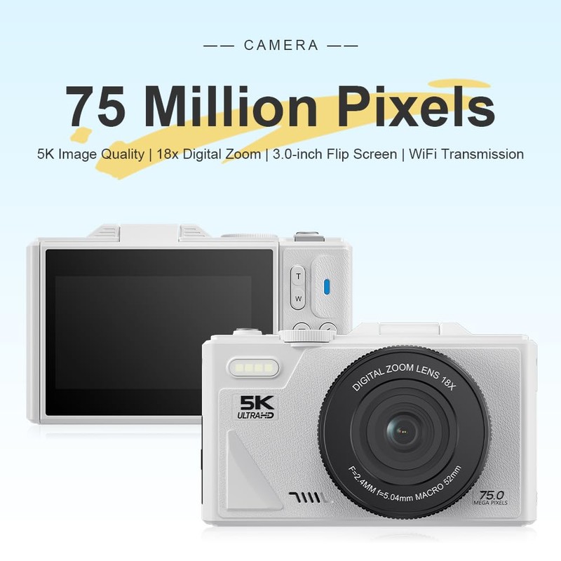 5K Digital Camera with 18X Optical Zoom, 75MP Vintage Digital