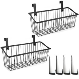 LeleCAT Grid Storage Baskets with Hooks, Over Cabinet Door Organizer, Wire Basket Hanging Storage Organizer, Kitchen Bathroom Organizer (Black, Extra Large)