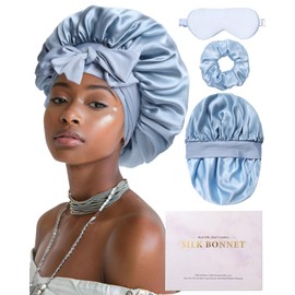 Mulberry Silk Bonnet for Sleeping Women Curly Hair Bonnet With Tie Band Double Layer Reversible Sleep Bonnet Silk Hair Wrap Sleep Cap (Blue)