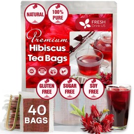 FreshDrinkUS, Premium 40 Hibiscus Flowers Tea Bags, 100% Natural, Pure from Hibiscus Flowers. Loose Flower Hibiscus Herbal Tea. Hibiscus Flower Tea. No Sugar, No Caffeine, No Gluten, Vegan.