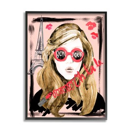 Stupell Industries Bon Jour Greeting Red Shades Glam Parisian Woman, Designed by Jennifer Parker Black Framed Wall Art, 24 x 30, Pink