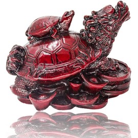 Addune Feng Shui Dragon Turtle Statue Lucky Wealth Protection Chinese Dragon Tortoise Figurine Sitting on Coins and Ingots Paperweights Gift Home Decor (Dark Red)
