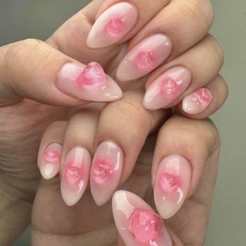 Hkanlre Press on Nails Pink Almond Gradient Fake Cute Nails Tips Full Cover Heart False Medium Nails for Women 24PCS