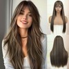 Creamily Long Brown Straight Wig with Bangs Ombre Brown Wig