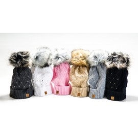 morefaz Worm Winter Knitted Hat Women's Crystal Pebble With Large Fur Pom Pom I SKI (MFAZ Ltd) -