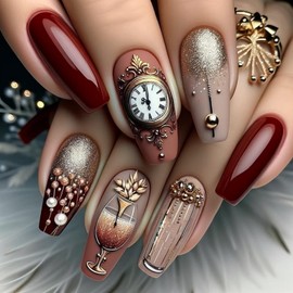 Medium Press on Nails Coffin Fake Nails with Clock Design Wine Glass Nails Press Ons Full Cover Red Glue on Nail Glossy Holiday Christmas Balls False Nail for Women Nail Art Decoration 24Pcs