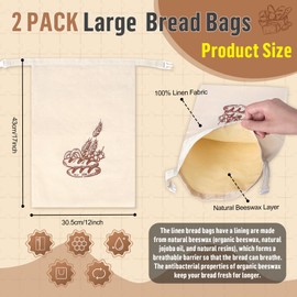 Pack of 2 44 x 32.5 cm Bread Bags with Beeswax Lining Reusable Bread Bags Bread Fruit Vegetable Bread Bag Storage with Freshness Washable Freezer Safe for Buns and Bulk Purchases