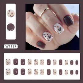 Square Press on Nails Short White Fake Nails with Black Leaf Design Grey Full Cover False Nails Glossy Glue on Nails Artificial Acrylic Nails for Women