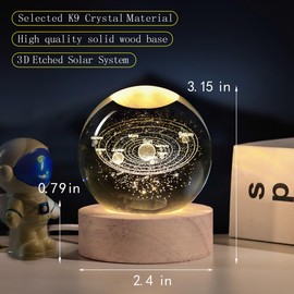 QIANCHANG Solar System 3D Crystal Ball Night Light with Stand, Galaxy Glass Sphere Lamp, 60mm Laser Etched Crystal Paperweight Decorative Balls Gifts