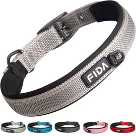 Fida Padded Dog Collar, Reflective Strong Dog Collar with Double Layer Webbing, Adjustable Durable Dog Collar with Metal Buckle for Medium Dogs, Grey