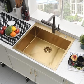 Gold Kitchen Sink Drop In-Brovy 20x16 Inch Small Kitchen Bar Sink with Faucet Combo Outdoor Topmount 18 Gauge Stainless Steel Single Bowl Wet Bar Sinks with Mat&Drainer