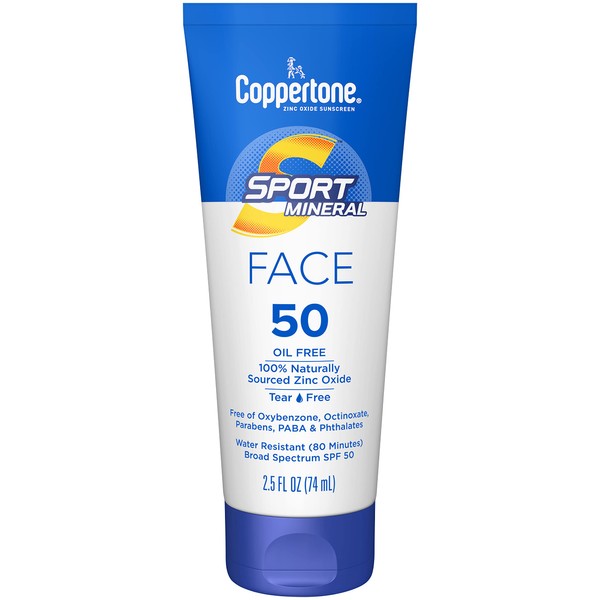 Coppertone SPORT Sunscreen for Face, Zinc Oxide Mineral Face Sunscreen SPF 50, Oil Free Sunscreen, Travel Size Sunscreen, 2.5 Fl Oz Tube