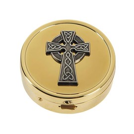 Voyage In Faith Celtic Cross Brass Pyx, 2 inch Diameter, Gold and Silver Finish, Host Carrier for 10 Hosts
