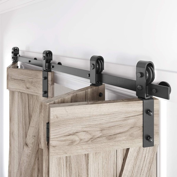Roymelo 76" Bifold Sliding Barn Door Hardware Track Kit,Side Mounted Black Roller,Smoothly and Quietly,Assembly Easy,Fit Four 18" Bi-Folding Doors (Door Not Included)