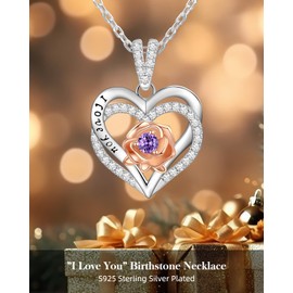 Lucktree Gifts for Women Birthday Anniversary Birthstone Rose Heart Necklace for Wife Girlfriend I Love You Gifts for on Christmas Birthday Valentine’s Day Mother’s Day February Amethyst Purple