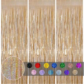 3pcs Champagne Gold Metallic Tinsel Curtains Tinsel Backdrop Party Foil Door Curtain,1*2m Laser Fringe Curtain Wall Tinsel,Shimmer Curtains Tassel Backdrop for Birthday Wedding Xmas Party Decoration