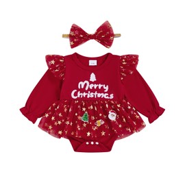 Kavousa Newborn Baby Girl Christmas Outfit Long Sleeve Ruffle Romper Jumpsuit with Headband Cute Infant Girl Clothes (Merry Christmas Red, 0-3 Months)